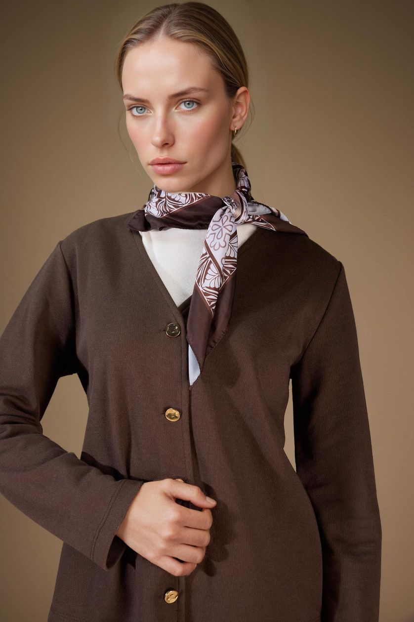 Kadın Kahve Regular Fıt V Yaka Pike Hırka