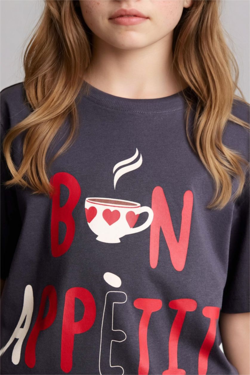 Девочки и подростки Антрацит Футболка оверсайз с круглым вырезом принтом-слоганом и коротким рукавом для девочек