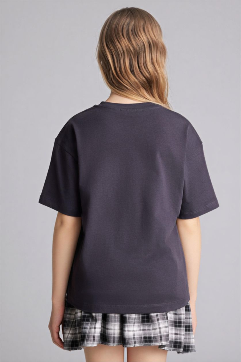 Девочки и подростки Антрацит Футболка оверсайз с круглым вырезом принтом-слоганом и коротким рукавом для девочек