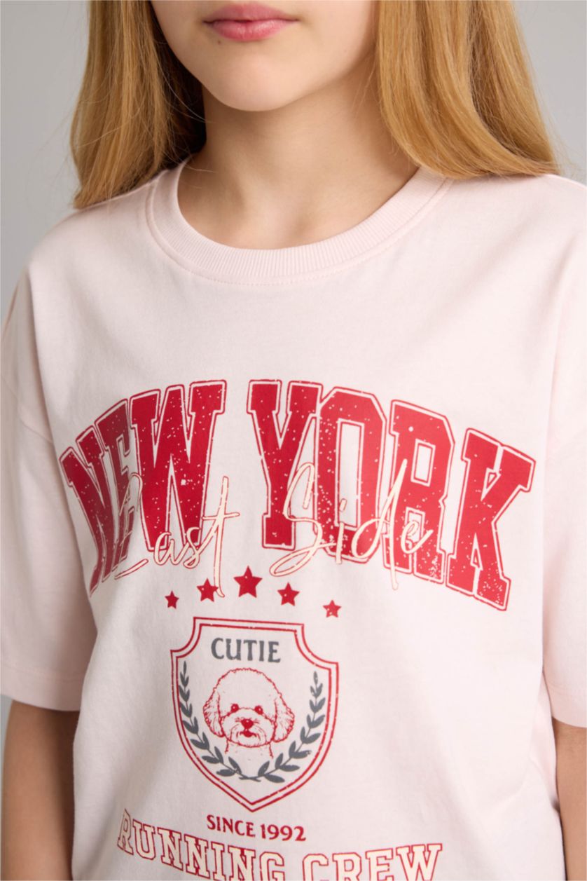 Девочки и подростки Светло-розовый Футболка оверсайз с круглым вырезом принтом-слоганом и коротким рукавом для девочек