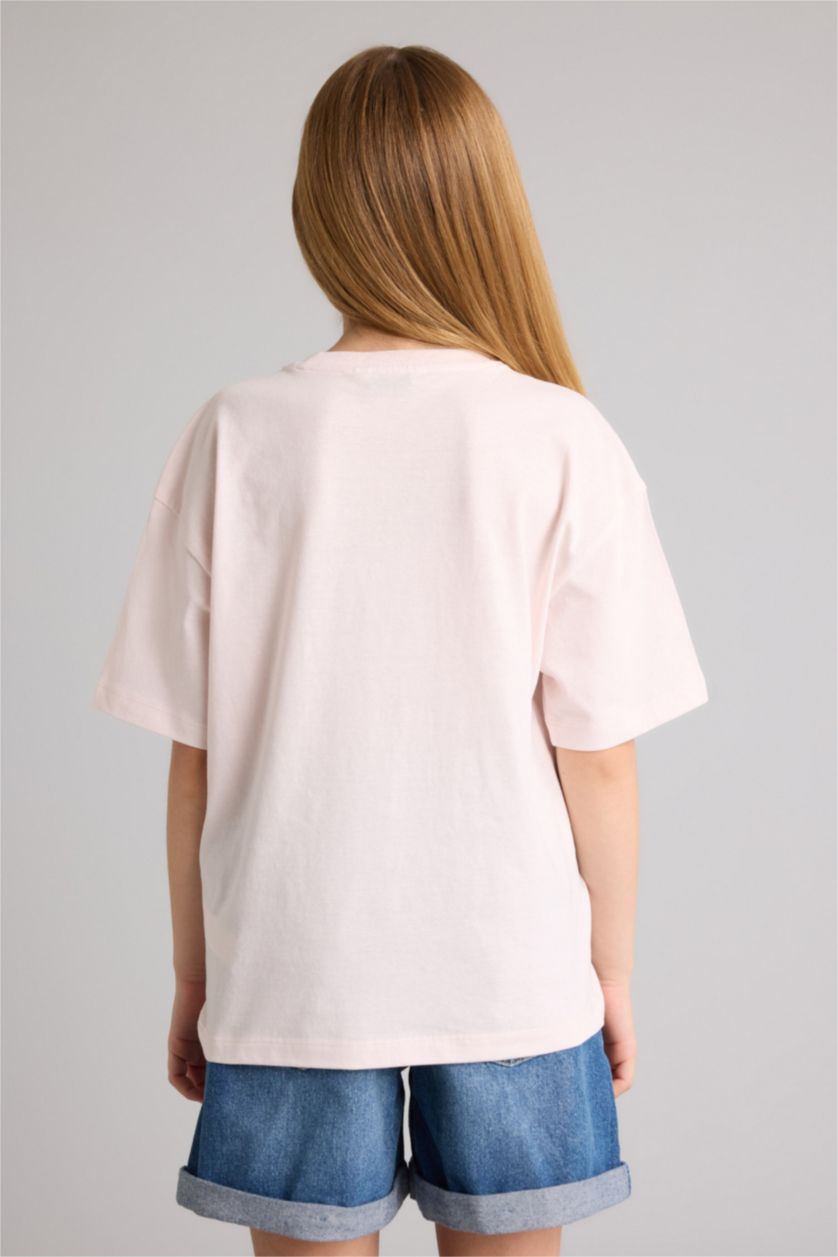 Девочки и подростки Светло-розовый Футболка оверсайз с круглым вырезом принтом-слоганом и коротким рукавом для девочек