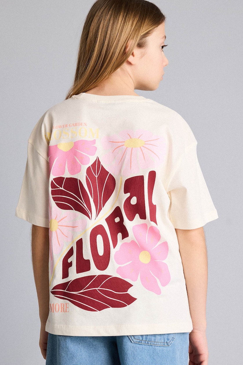 Kız Çocuk - Genç Kız Ekru %100 Pamuk Oversize Çiçek Desenli Tişört Kız Çocuk