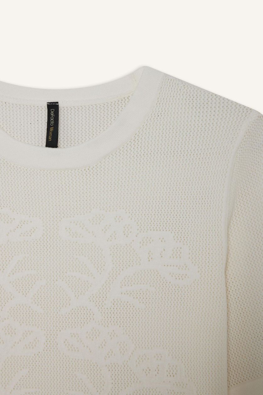 Kadın Ekru Regular Fit Bisiklet Yaka Ajurlu Kısa Kollu Kazak