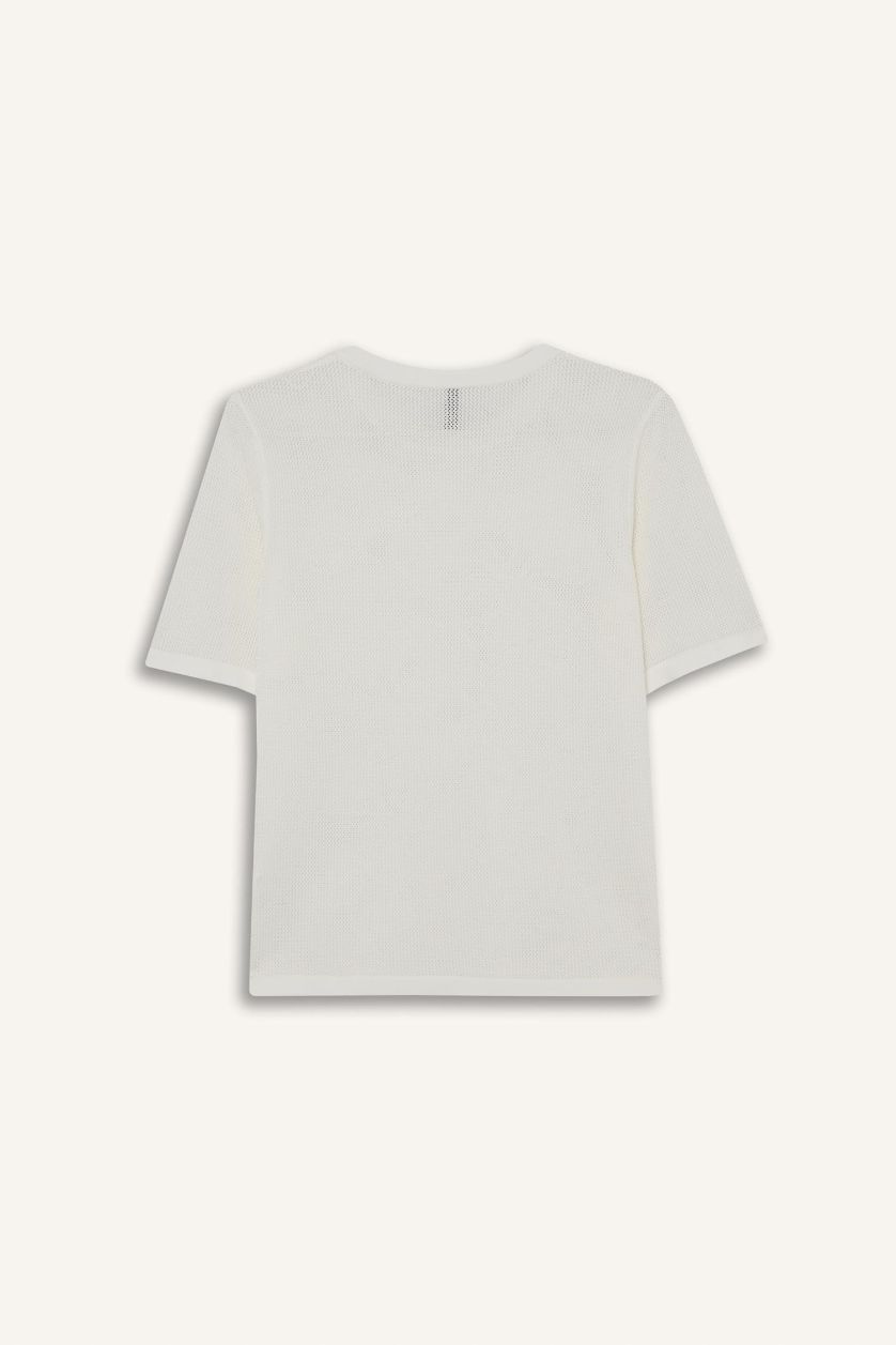 Kadın Ekru Regular Fit Bisiklet Yaka Ajurlu Kısa Kollu Kazak