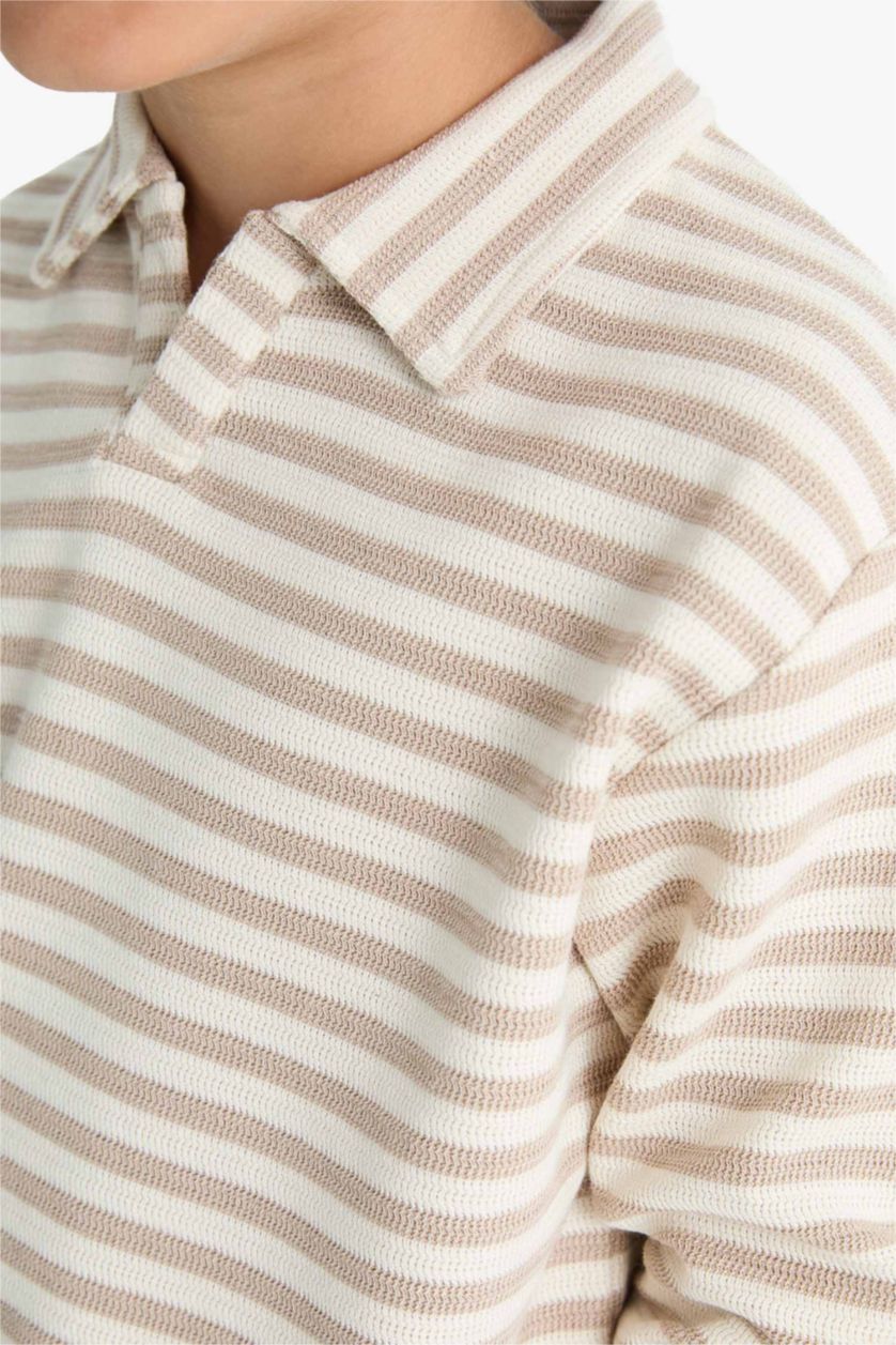 Erkek Çocuk - Genç Erkek Kum Polo Yaka Çizgili Uzun Kollu Tişört Erkek Çocuk