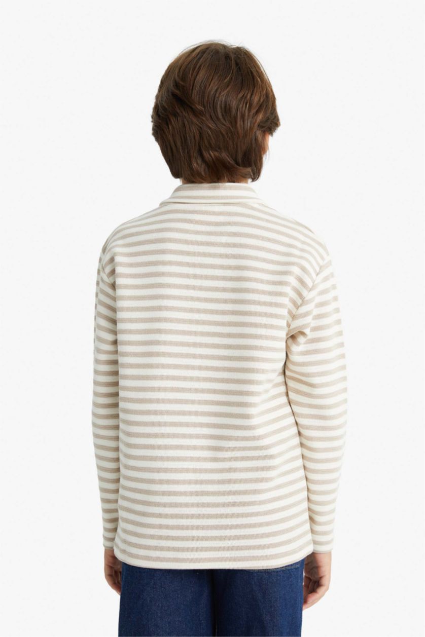 Erkek Çocuk - Genç Erkek Kum Polo Yaka Çizgili Uzun Kollu Tişört Erkek Çocuk