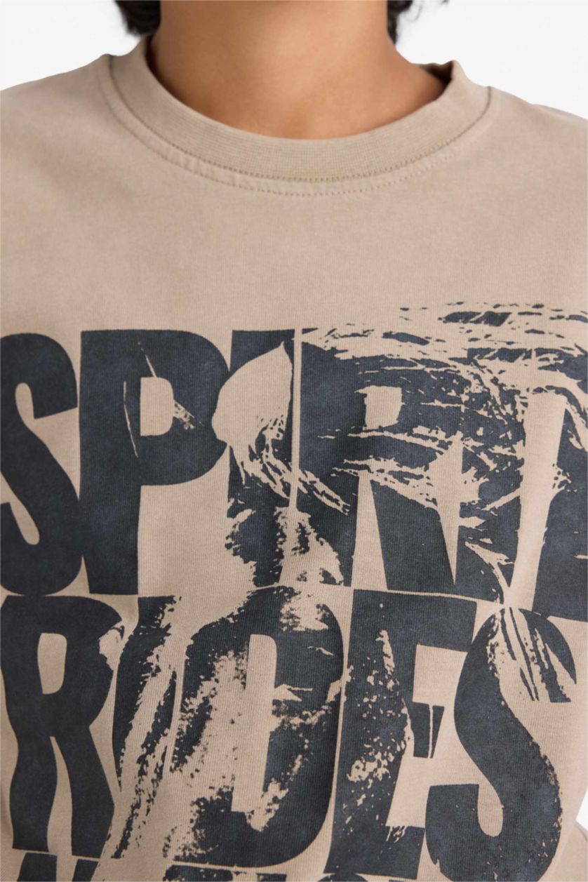 Erkek Çocuk - Genç Erkek Bej Bisiklet Yaka Baskılı Uzun Kollu Tişört Erkek Çocuk