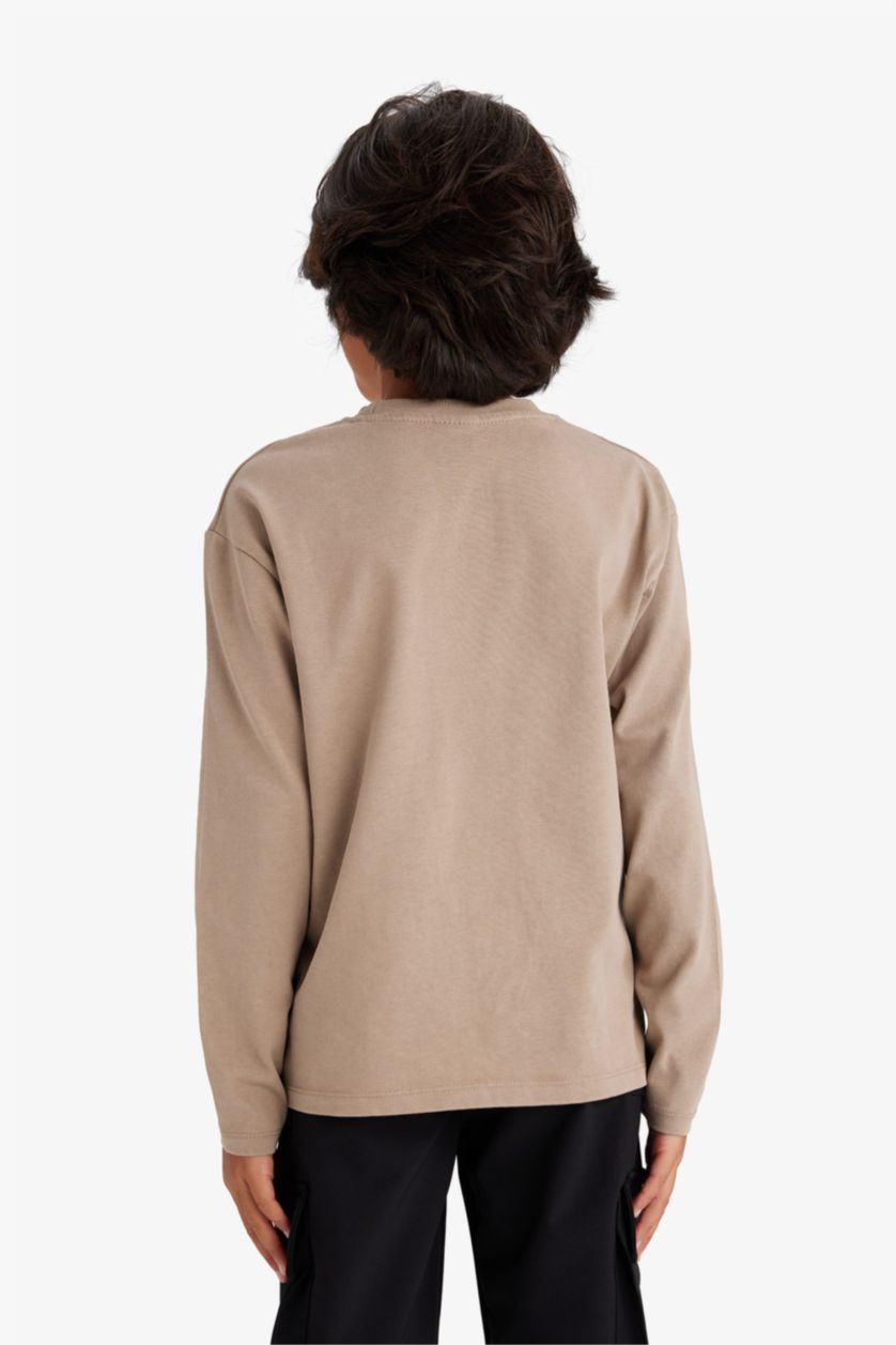 Erkek Çocuk - Genç Erkek Bej Bisiklet Yaka Baskılı Uzun Kollu Tişört Erkek Çocuk