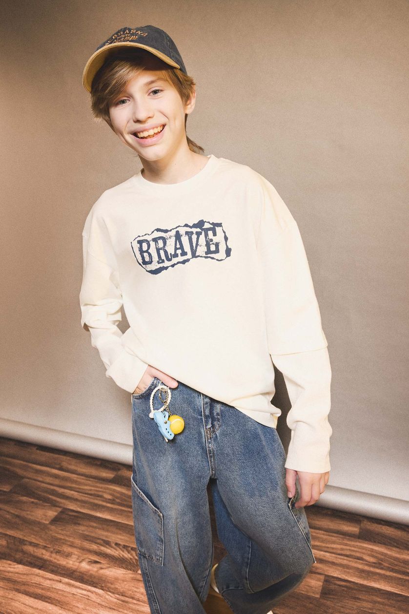 BOYS & TEENS White Boy Oversize Crew Neck Printed Long Sleeve T-Shirt