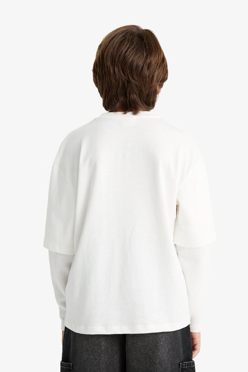 BOYS & TEENS White Boy Oversize Crew Neck Printed Long Sleeve T-Shirt