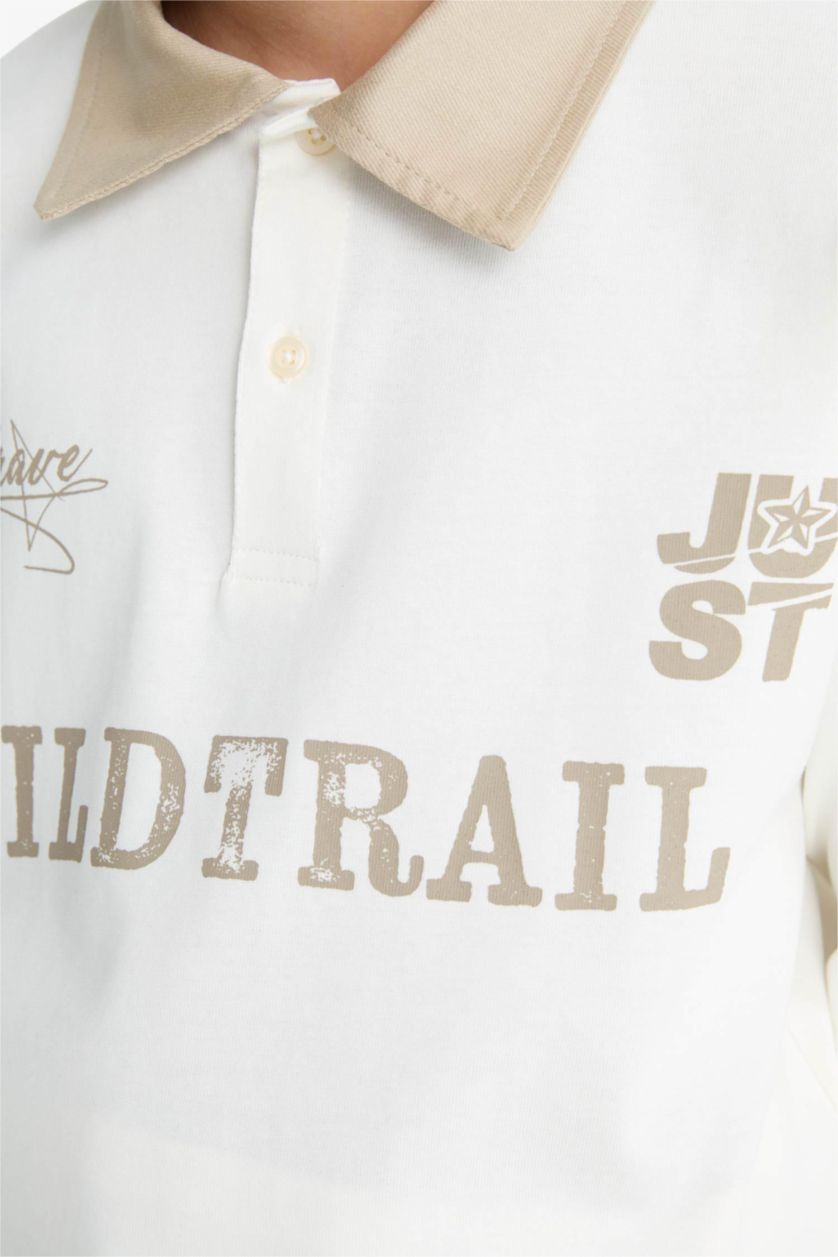 Erkek Çocuk - Genç Erkek Kırık Beyaz Oversize Geniş Kalıp Polo Yaka Baskılı Uzun Kollu Tişört Erkek Çocuk