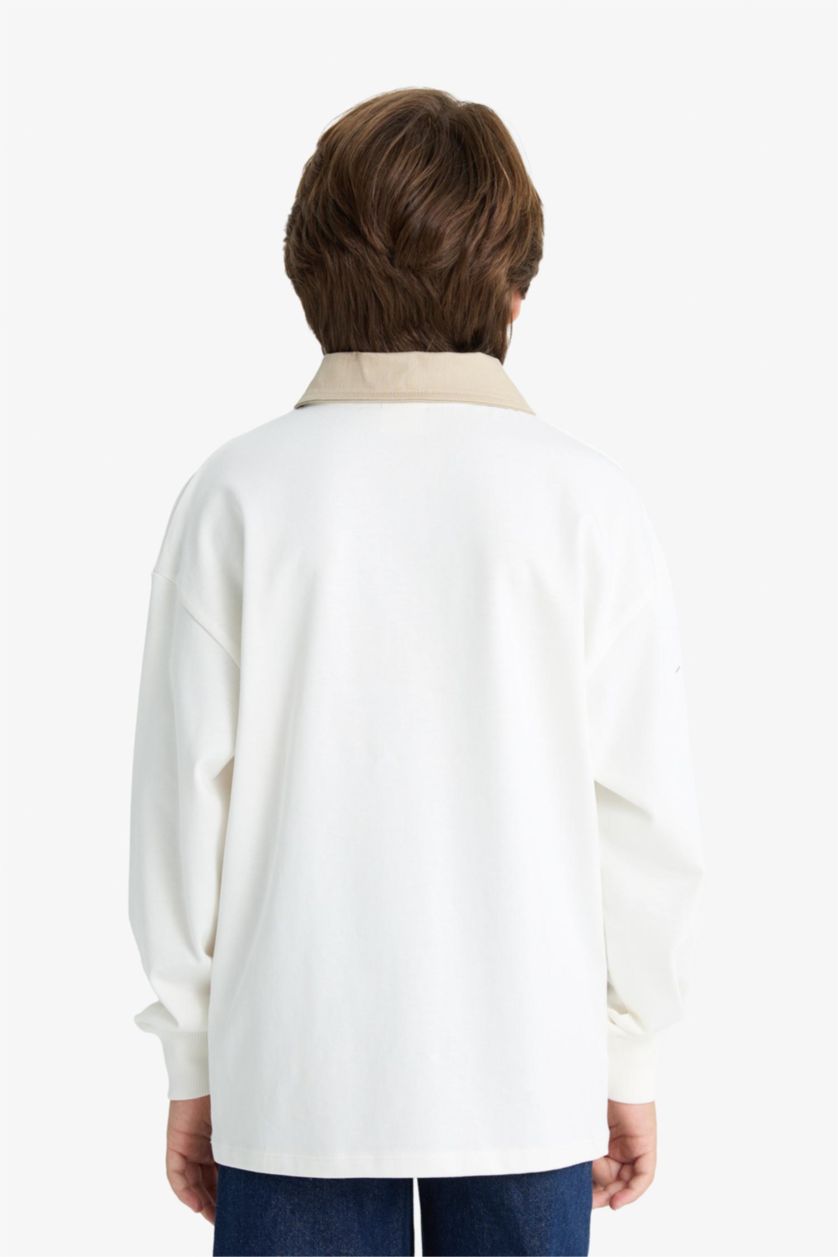 Erkek Çocuk - Genç Erkek Kırık Beyaz Oversize Geniş Kalıp Polo Yaka Baskılı Uzun Kollu Tişört Erkek Çocuk