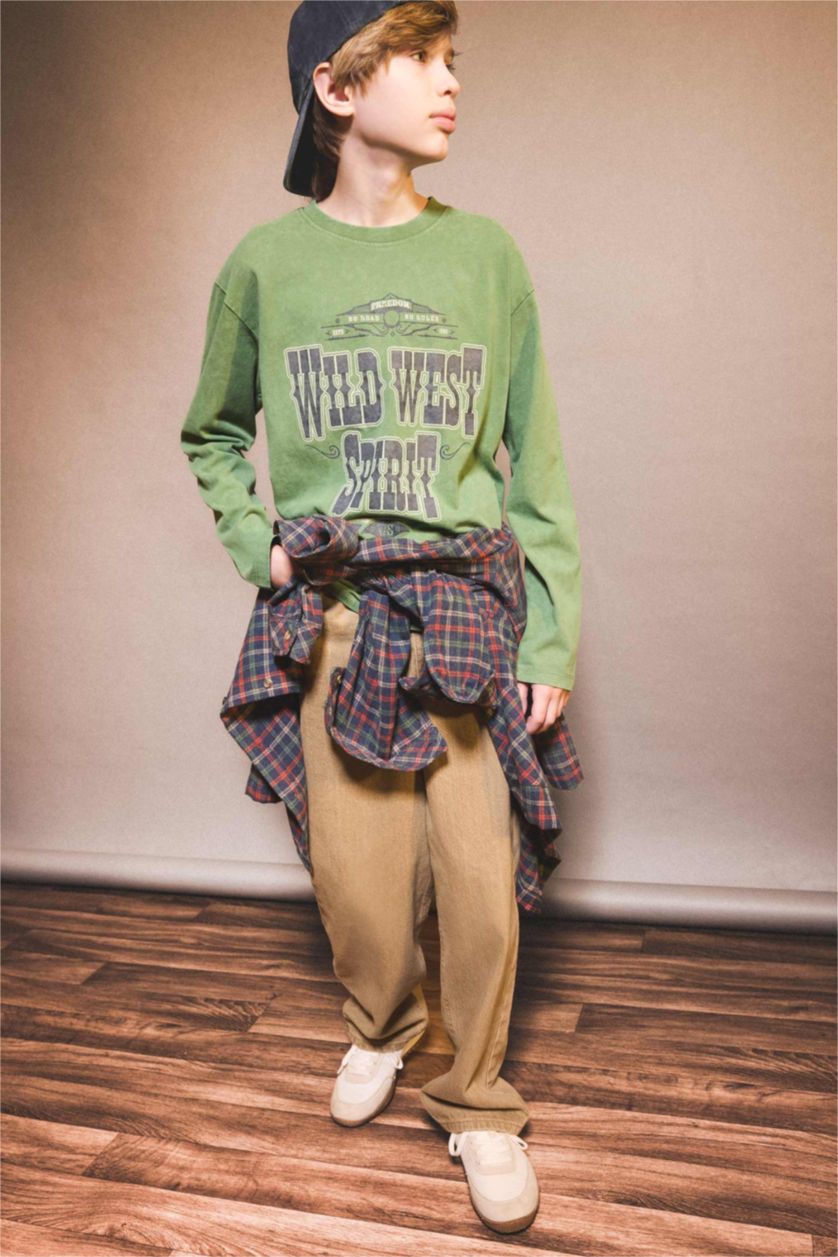 Erkek Çocuk - Genç Erkek Mint Bisiklet Yaka Baskılı Uzun Kollu Tişört Erkek Çocuk