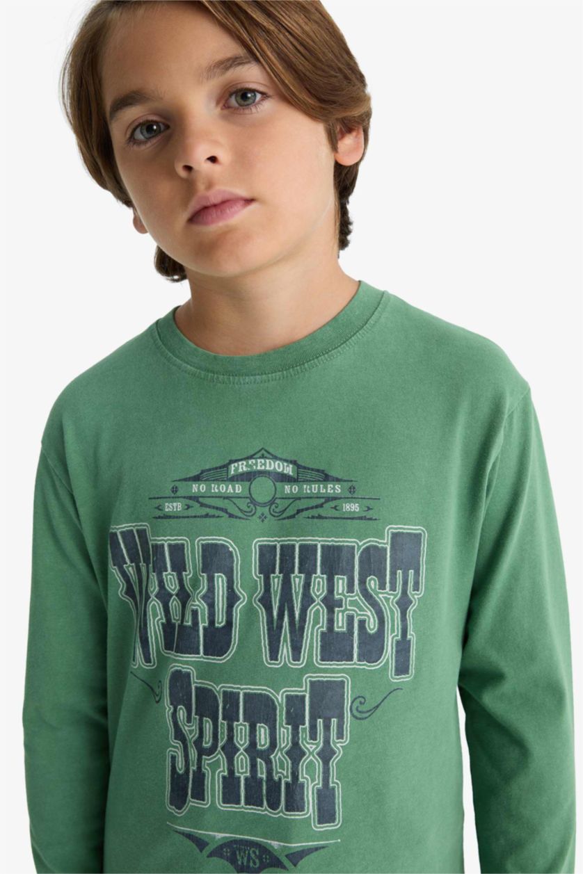 Erkek Çocuk - Genç Erkek Mint Bisiklet Yaka Baskılı Uzun Kollu Tişört Erkek Çocuk