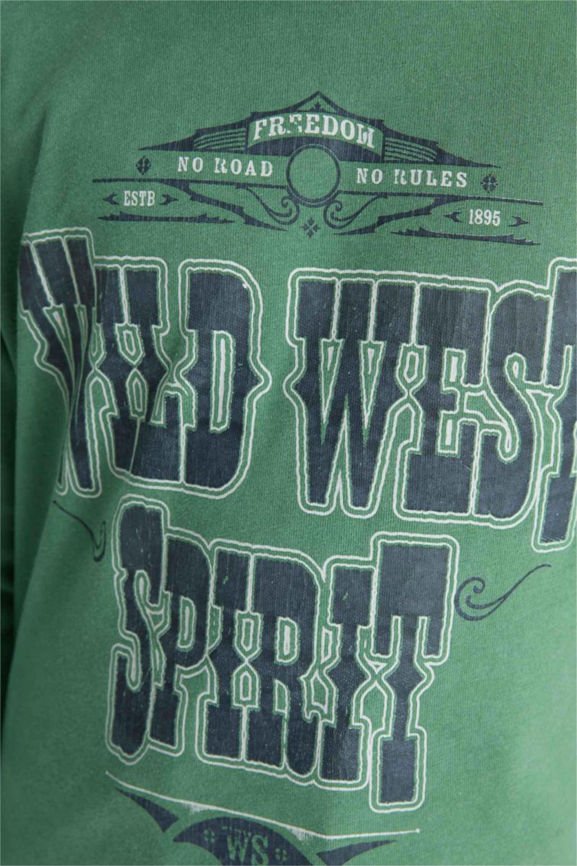 Erkek Çocuk - Genç Erkek Mint Bisiklet Yaka Baskılı Uzun Kollu Tişört Erkek Çocuk