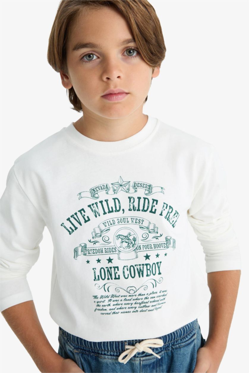 Boys & Teens White Boy Crew Neck Printed Long Sleeve T-Shirt