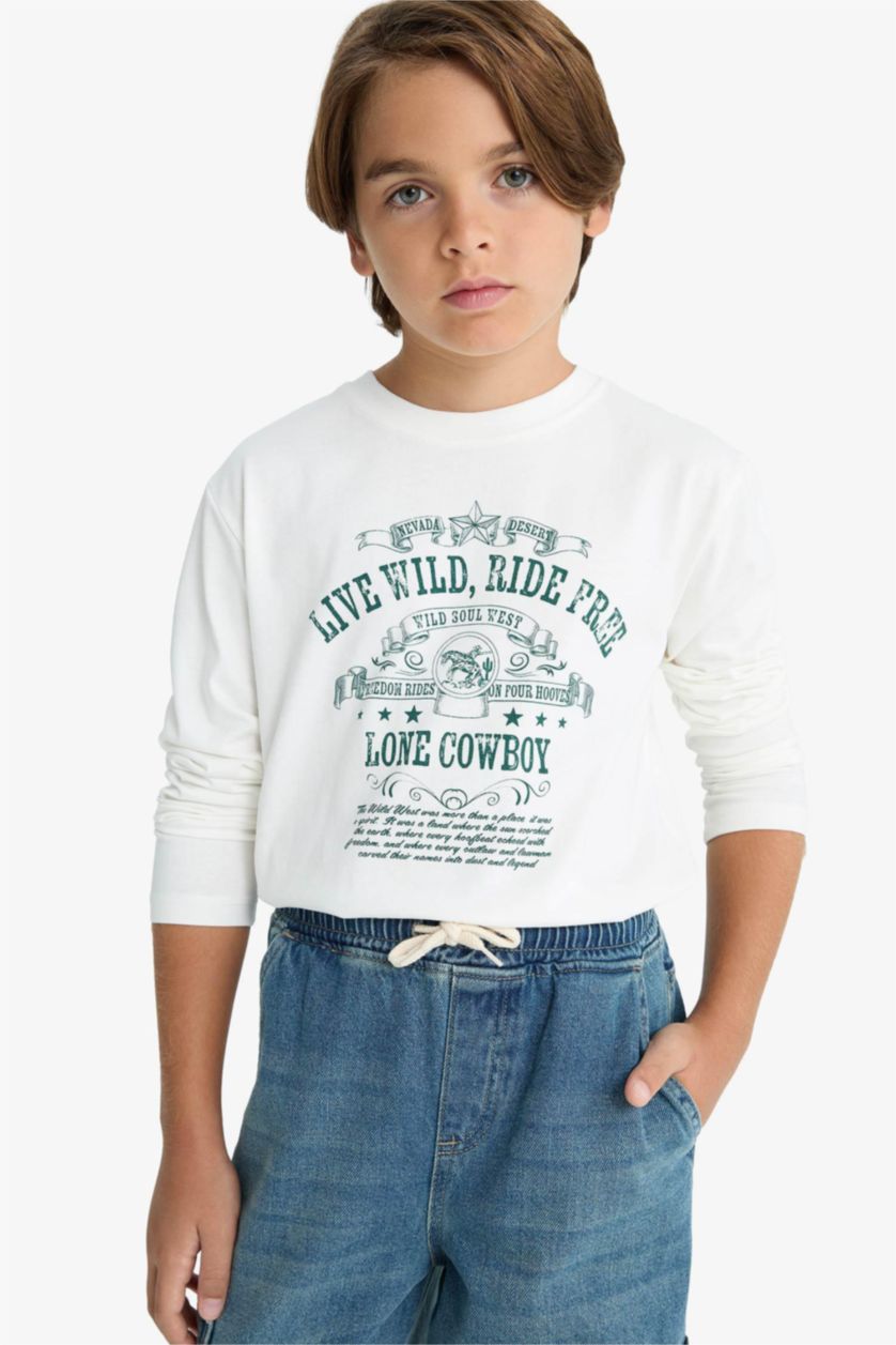 Boys & Teens White Boy Crew Neck Printed Long Sleeve T-Shirt