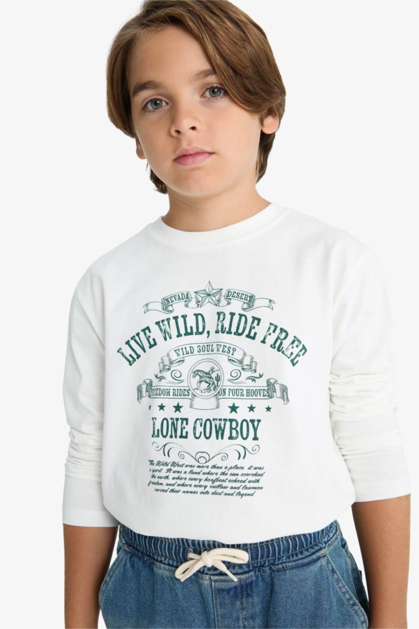 Boys & Teens White Boy Crew Neck Printed Long Sleeve T-Shirt