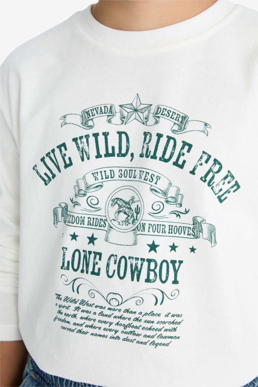 Boys & Teens White Boy Crew Neck Printed Long Sleeve T-Shirt