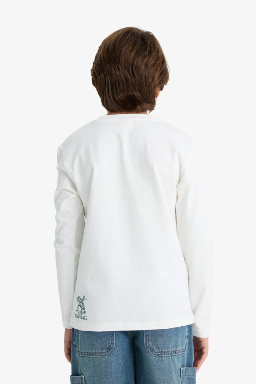 Boys & Teens White Boy Crew Neck Printed Long Sleeve T-Shirt