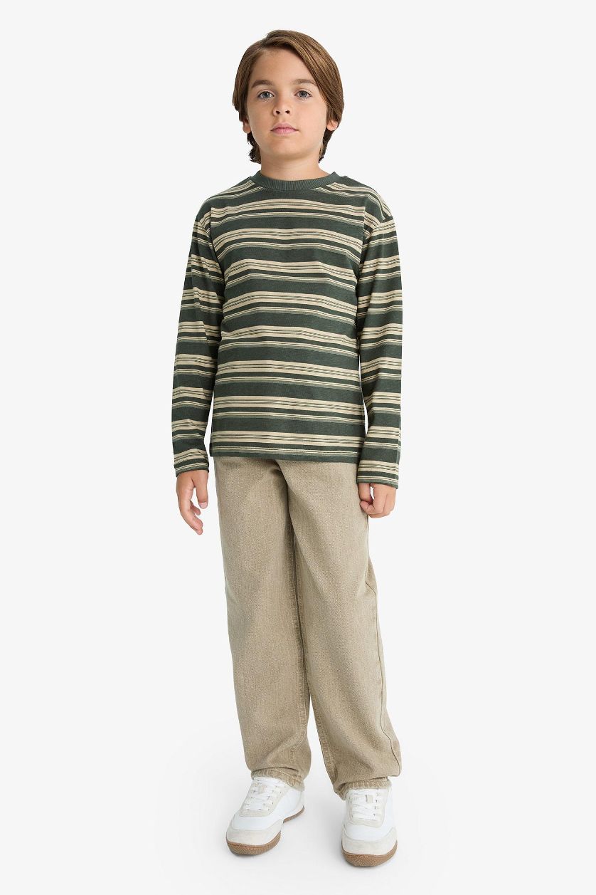 Erkek Çocuk - Genç Erkek Haki Erkek Çocuk Bisiklet Yaka Çizgili Uzun Kollu Tişört