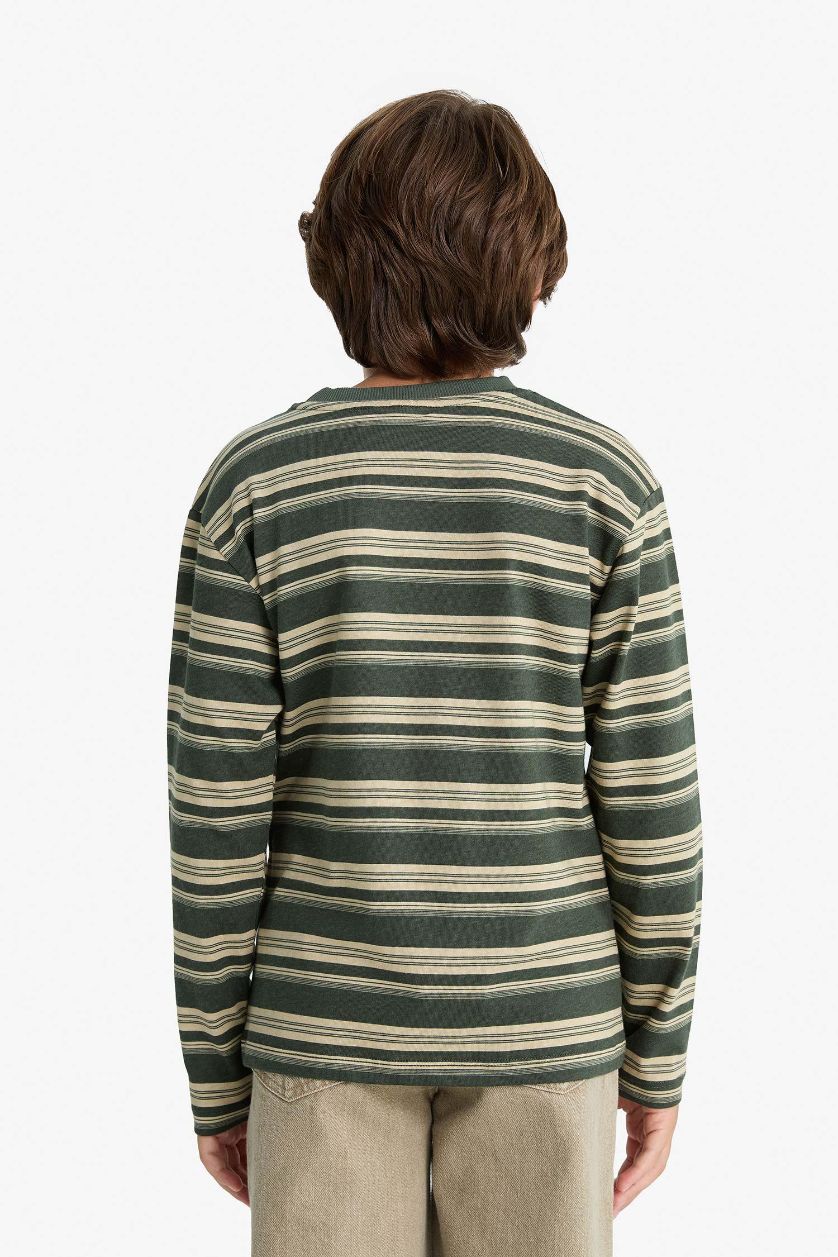 Erkek Çocuk - Genç Erkek Haki Erkek Çocuk Bisiklet Yaka Çizgili Uzun Kollu Tişört