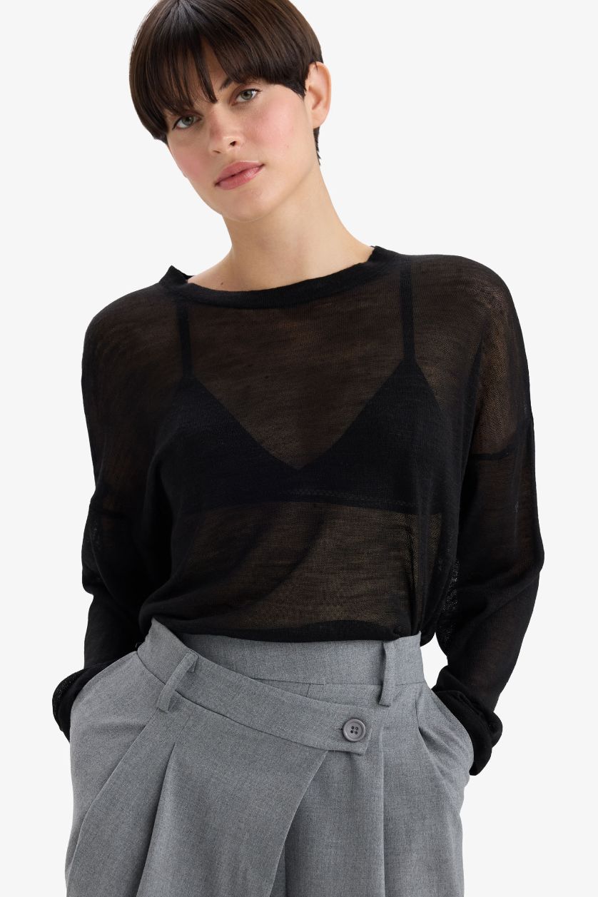 Kadın Siyah Relax Fit Bisiklet Yaka İnce Triko Kazak