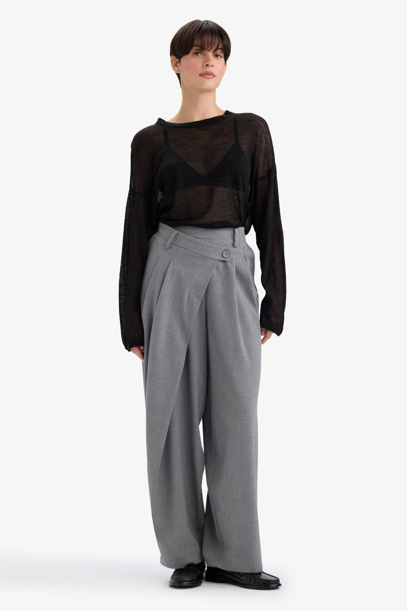 Kadın Siyah Relax Fit Bisiklet Yaka İnce Triko Kazak