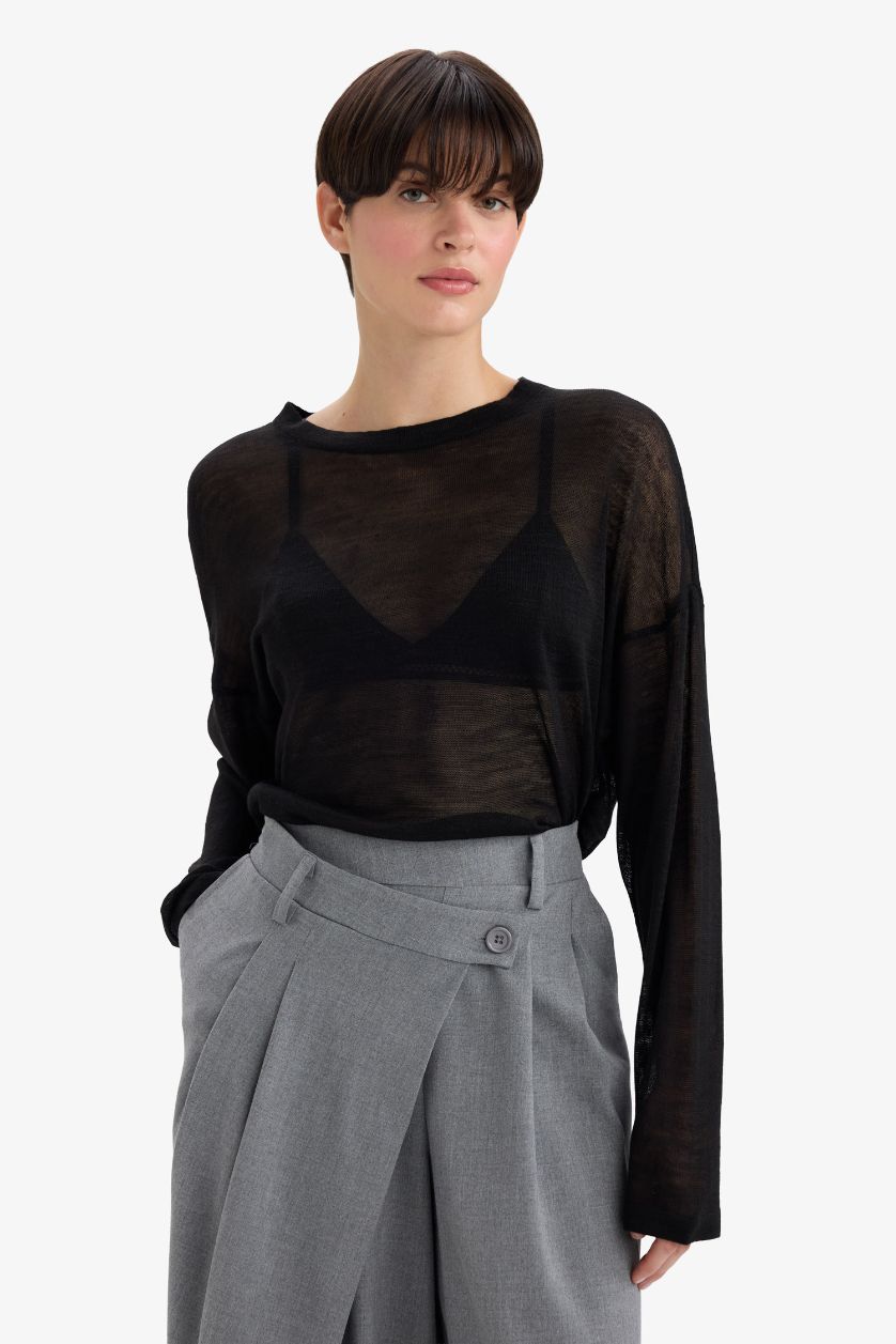 Kadın Siyah Relax Fit Bisiklet Yaka İnce Triko Kazak