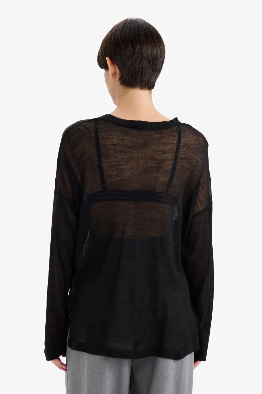 Kadın Siyah Relax Fit Bisiklet Yaka İnce Triko Kazak