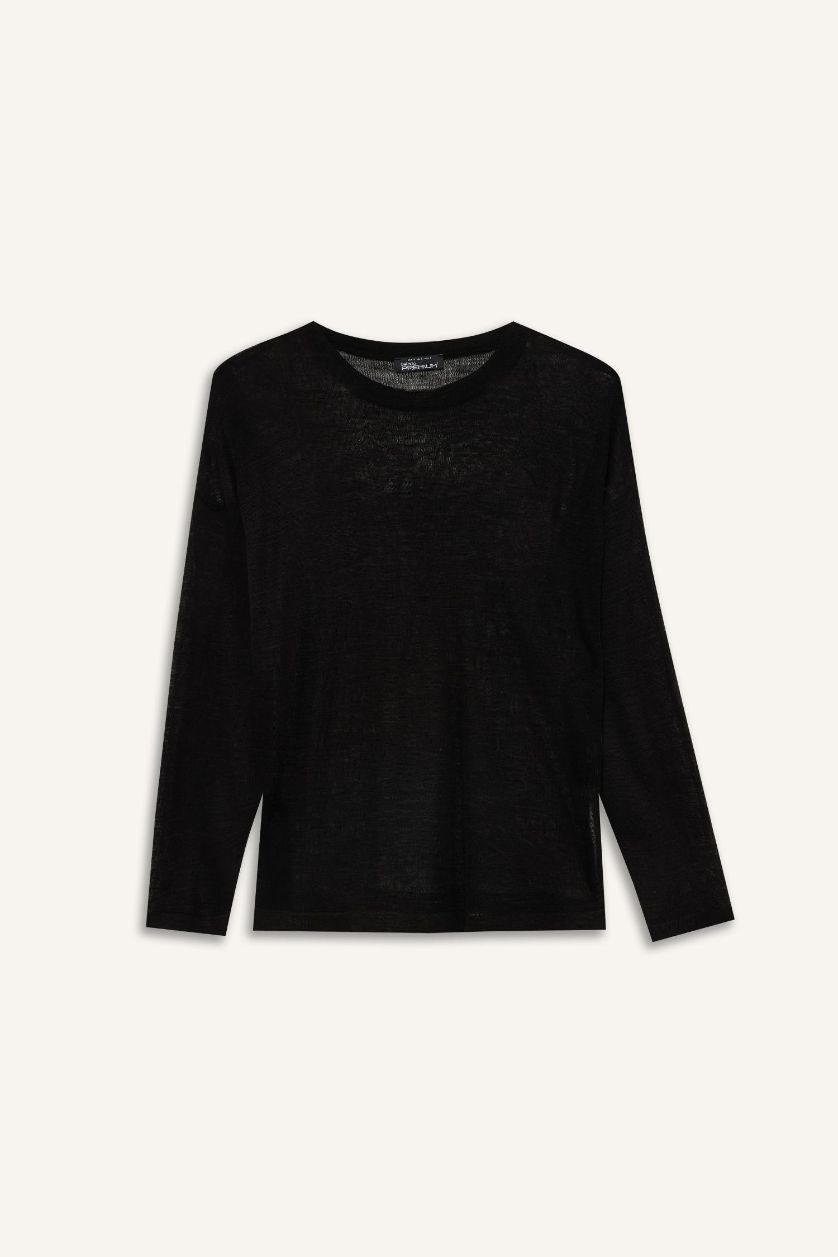 Kadın Siyah Relax Fit Bisiklet Yaka İnce Triko Kazak