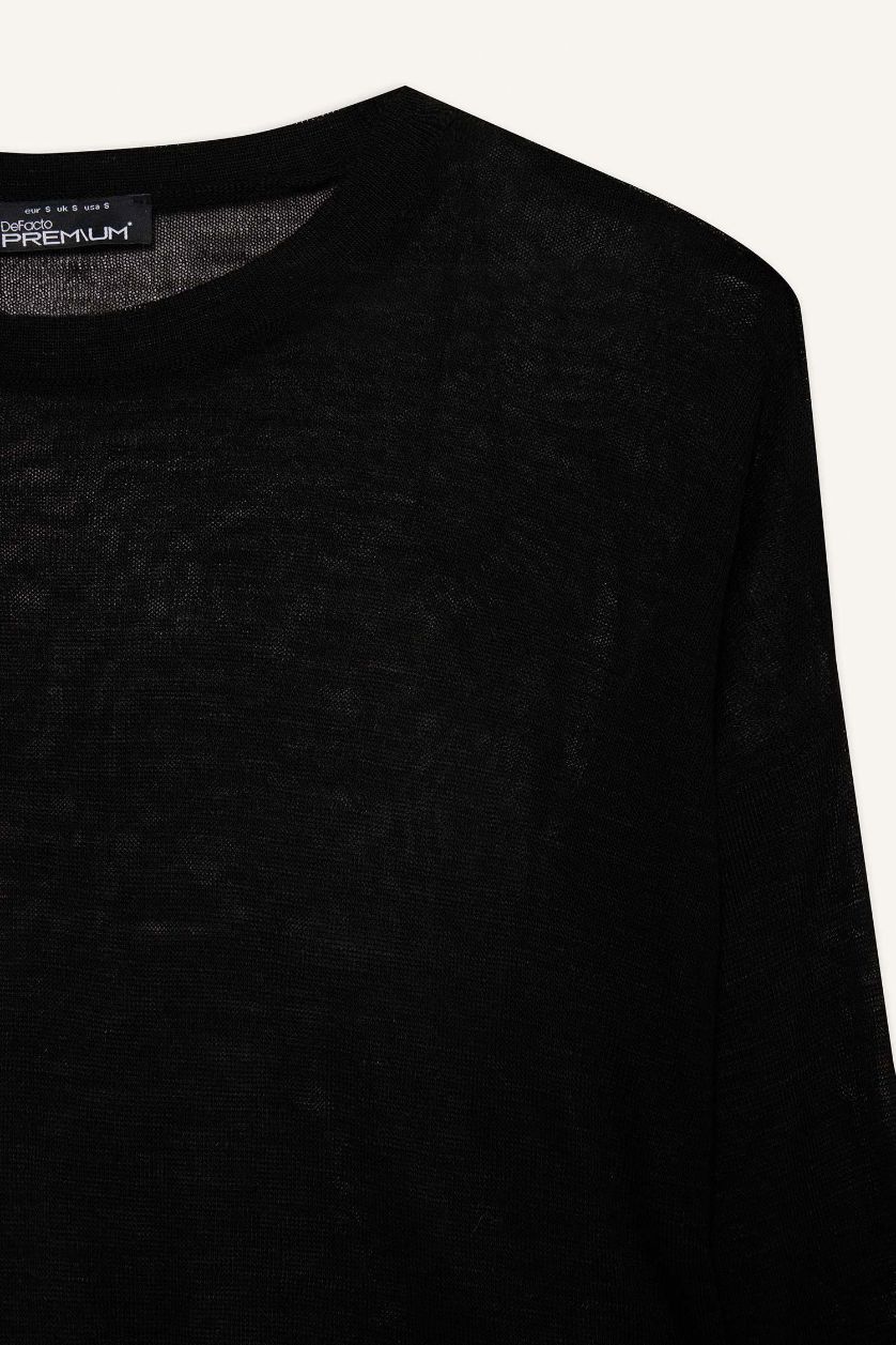 Kadın Siyah Relax Fit Bisiklet Yaka İnce Triko Kazak