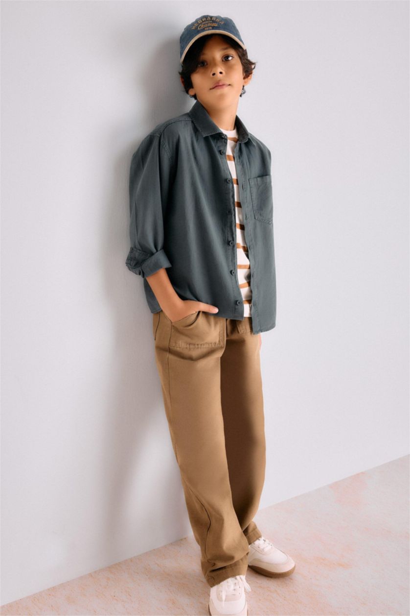 Erkek Çocuk - Genç Erkek Meşe Yeşili Loose Fit Standart Paça Gabardin Pantolon Erkek Çocuk