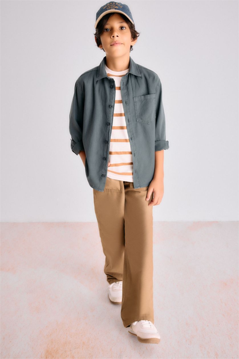 Erkek Çocuk - Genç Erkek Meşe Yeşili Loose Fit Standart Paça Gabardin Pantolon Erkek Çocuk