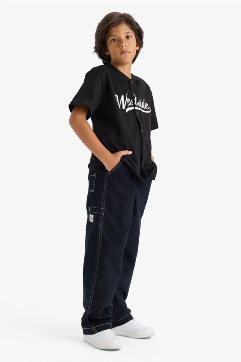 Erkek Çocuk - Genç Erkek Siyah Loose Fit Standart Paça Gabardin Pantolon Erkek Çocuk