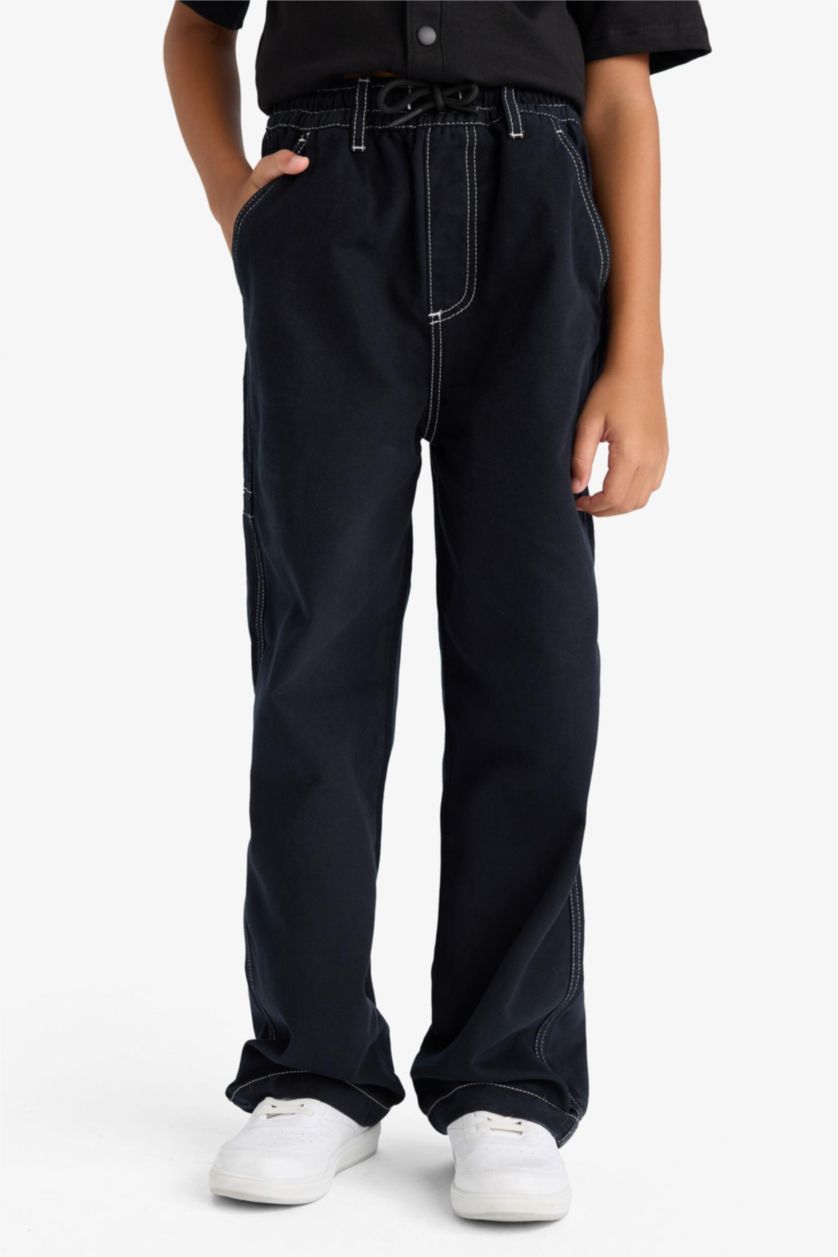 Erkek Çocuk - Genç Erkek Siyah Loose Fit Standart Paça Gabardin Pantolon Erkek Çocuk