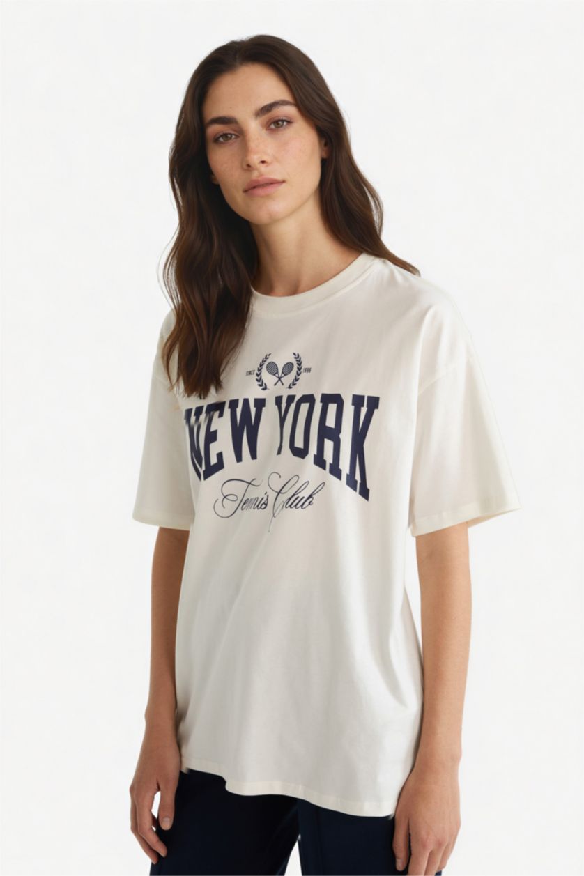 Kadın Ekru Oversıze Bisiklet Yaka Baskılı Kısa Kollu Tişört