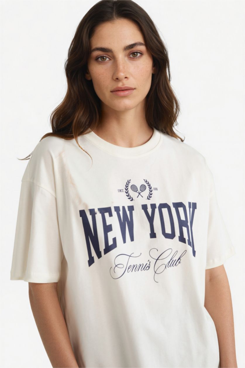 Kadın Ekru Oversıze Bisiklet Yaka Baskılı Kısa Kollu Tişört