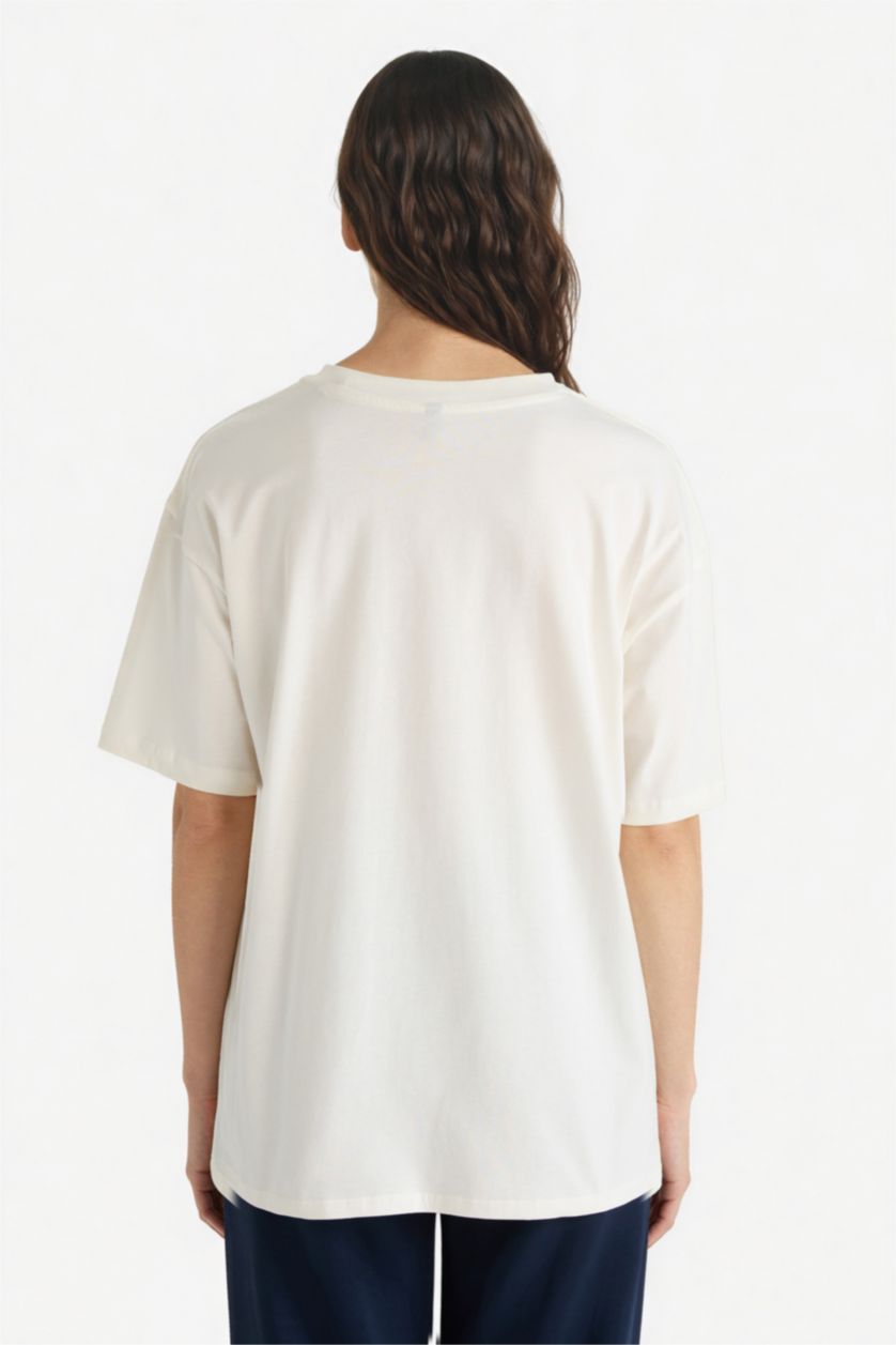 Kadın Ekru Oversıze Bisiklet Yaka Baskılı Kısa Kollu Tişört