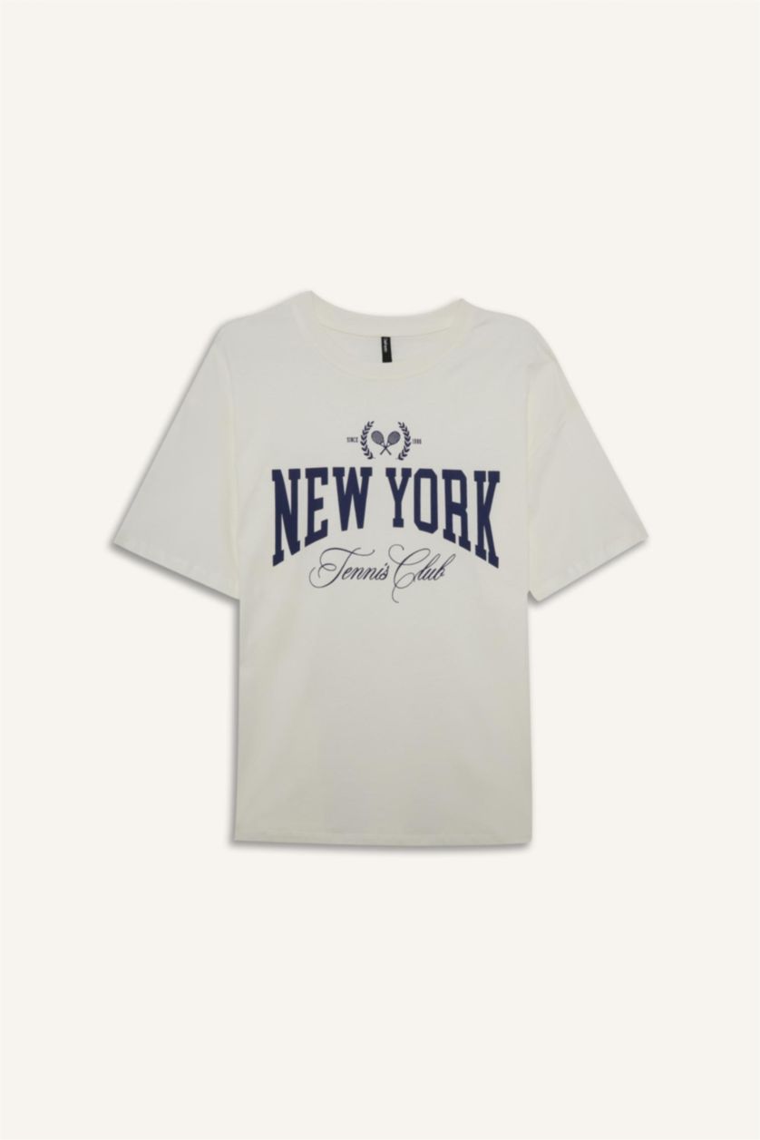 Kadın Ekru Oversıze Bisiklet Yaka Baskılı Kısa Kollu Tişört