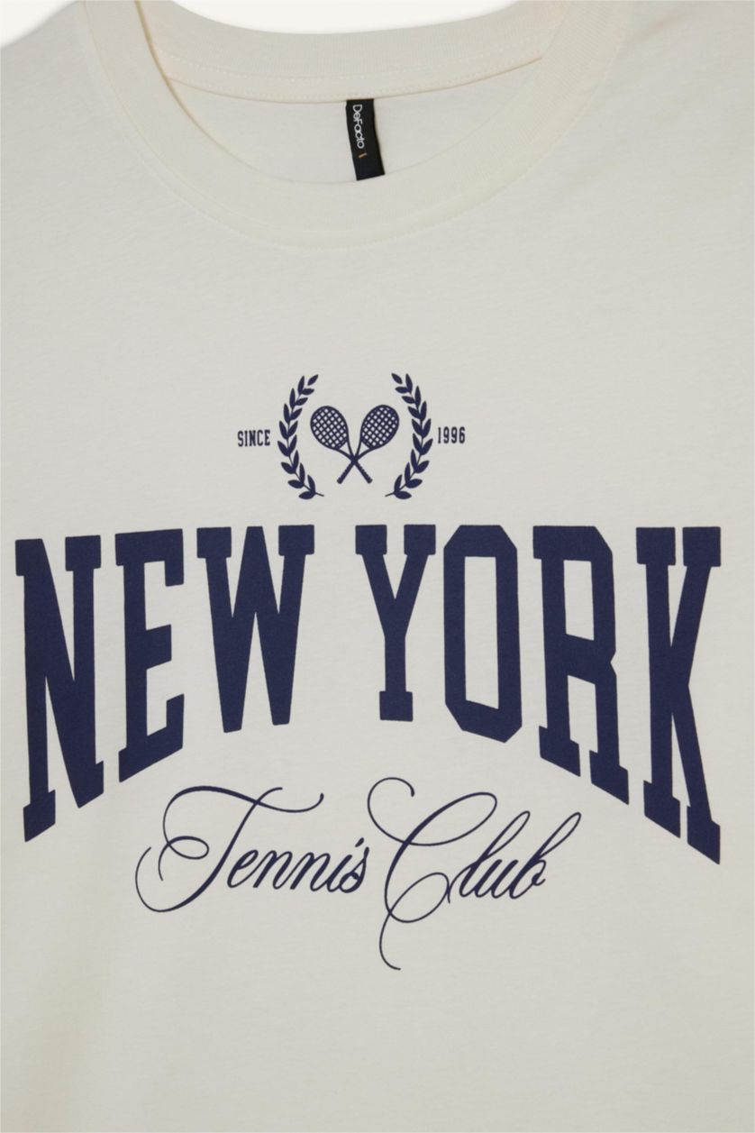 Kadın Ekru Oversıze Bisiklet Yaka Baskılı Kısa Kollu Tişört