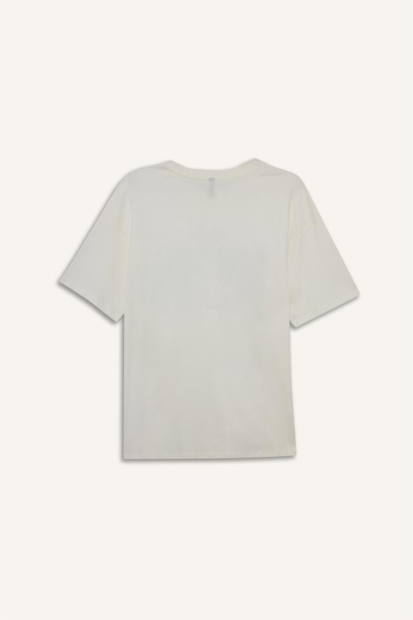 Kadın Ekru Oversıze Bisiklet Yaka Baskılı Kısa Kollu Tişört