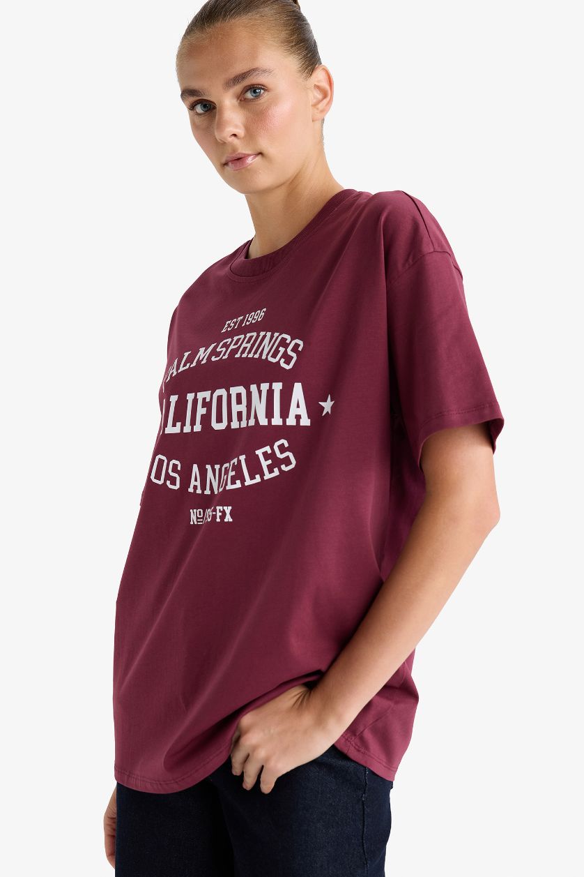FEMME Bordeaux T-shirt oversize imprimé à col rond et manches courtes
