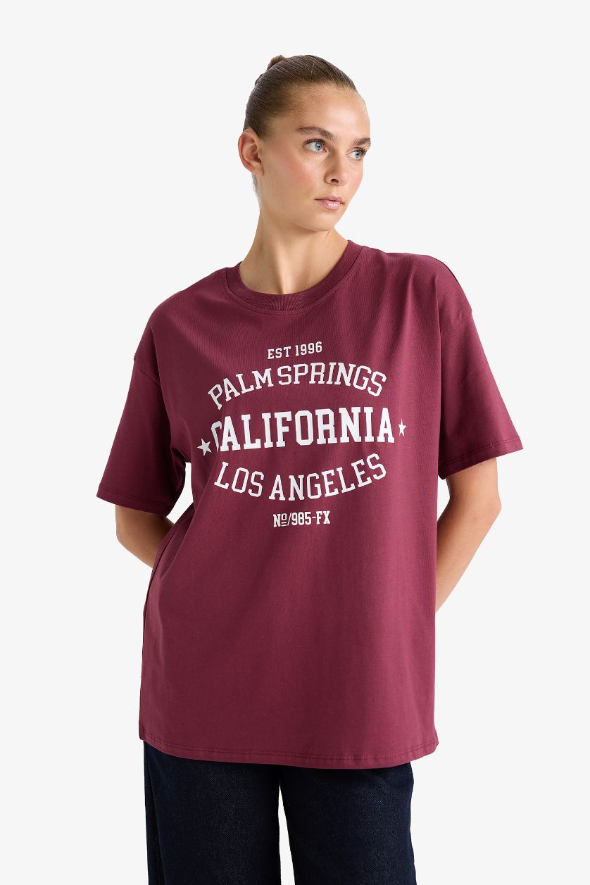 FEMME Bordeaux T-shirt oversize imprimé à col rond et manches courtes