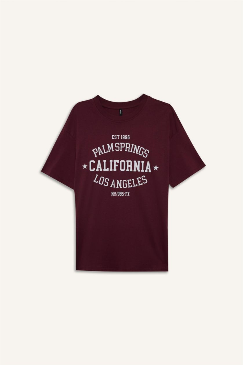 FEMME Bordeaux T-shirt oversize imprimé à col rond et manches courtes