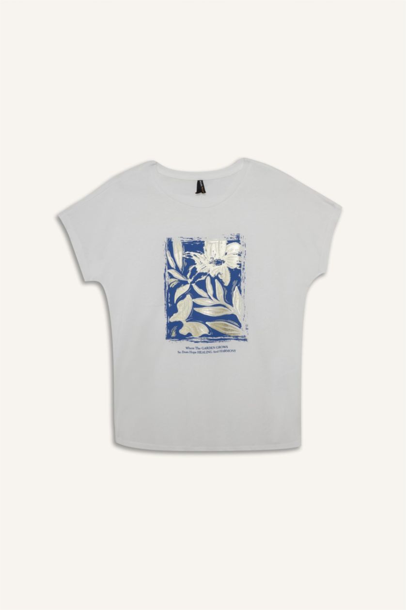 WOMAN Ecru Crew Neck Floral Short Sleeve T-Shirt