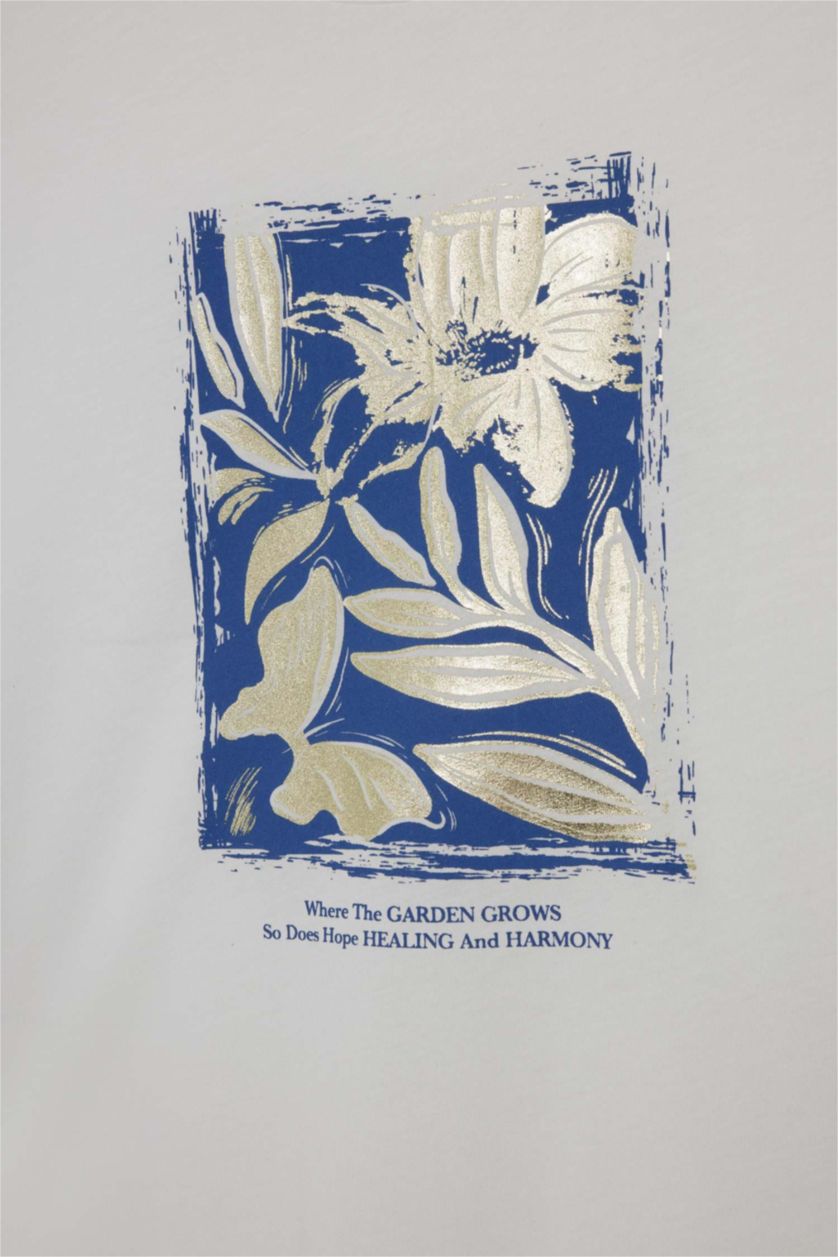 WOMAN Ecru Crew Neck Floral Short Sleeve T-Shirt