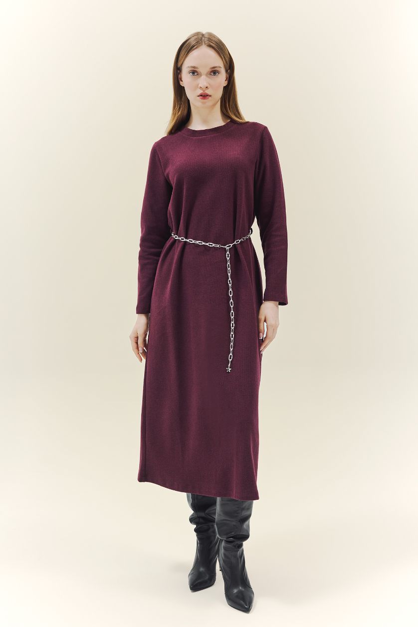 Kadın Bordo Regular Fit Bisiklet Yaka Uzun Kollu Kemerli Maxi Elbise