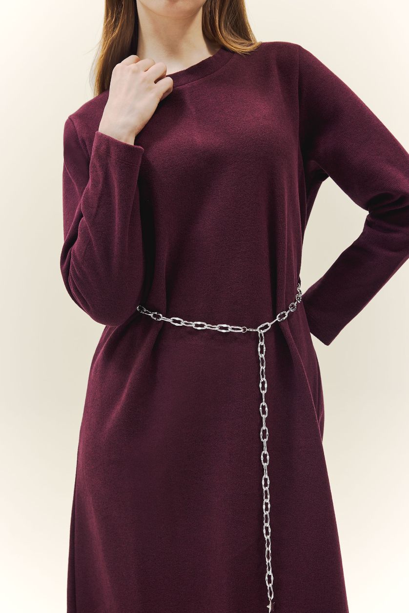 Kadın Bordo Regular Fit Bisiklet Yaka Uzun Kollu Kemerli Maxi Elbise
