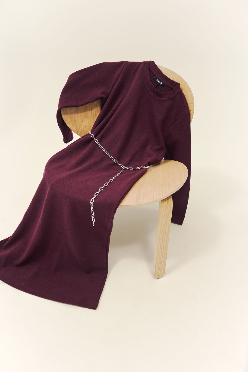 Kadın Bordo Regular Fit Bisiklet Yaka Uzun Kollu Kemerli Maxi Elbise